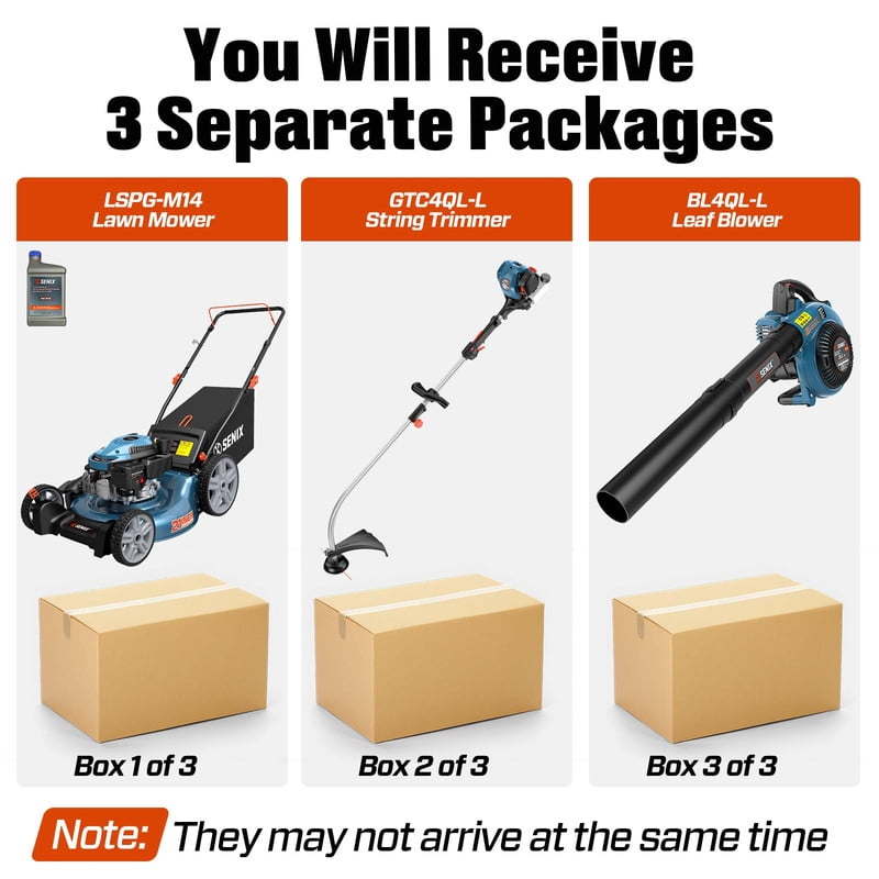 SENIX Kit w/LSPG-M14/GTC4QL-L/BL4QL-L, 144cc 21-inch Gas Push Lawn Mower 3-in-1, 26.5 cc 17" String Trimmer and 4-Cycle 410 CFM Leaf Blower Kit, M14-GTC-BL4QL