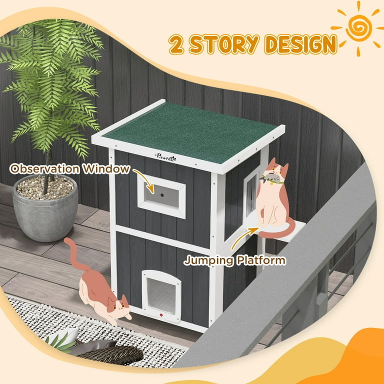 PawHut Outdoor Cat House, Wooden Feral Cat House 2 Tiers Cat