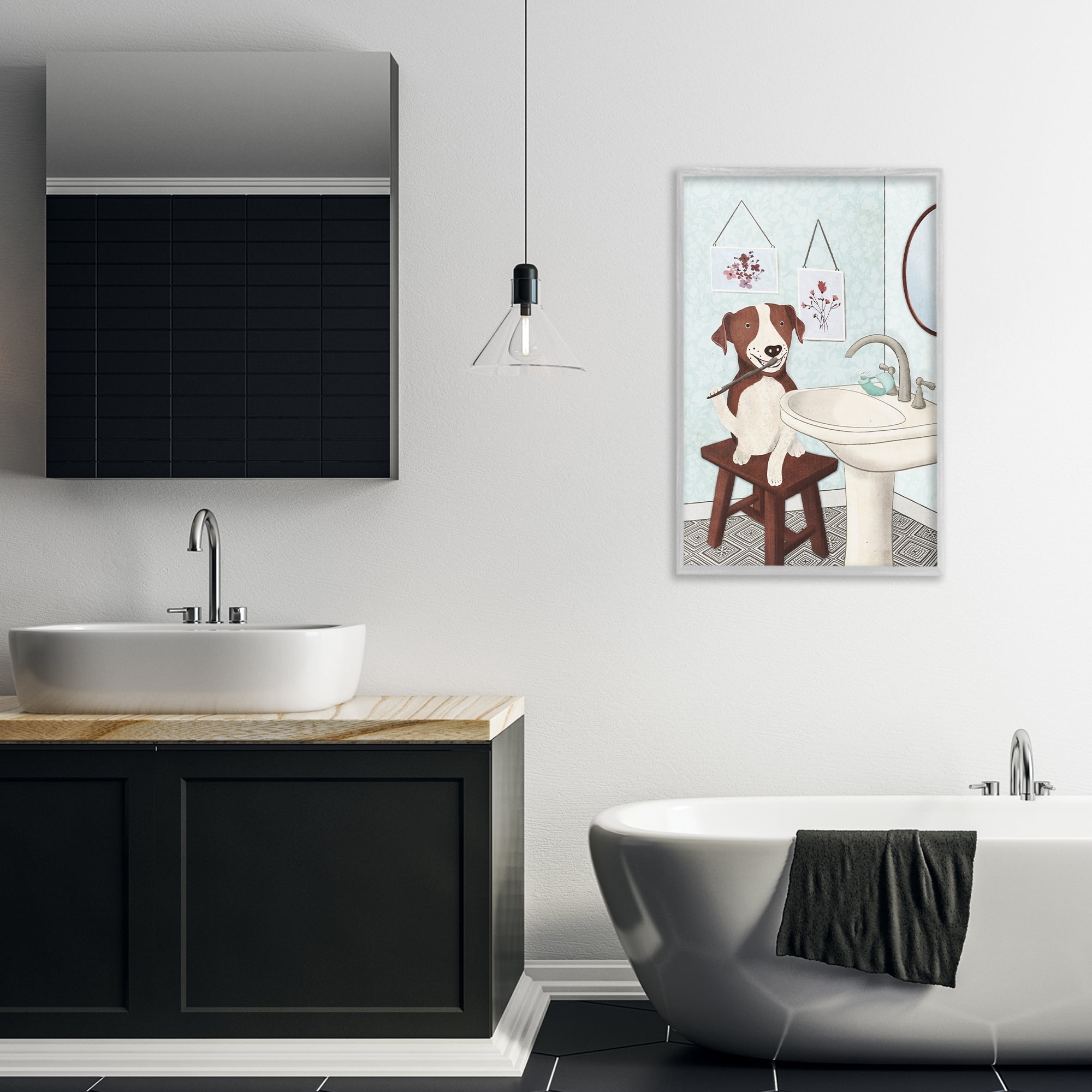 Stupell Industries Dog Brushing Teeth Typography Painting Gray Framed Art Print Wall Art, 20 x 30