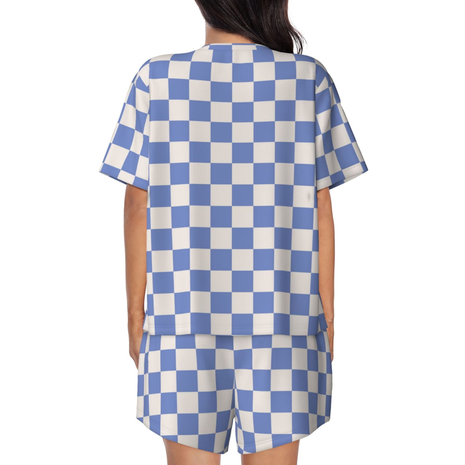 Anjue Women's Pajama Set - Short Sleeve Top & Shorts Sleepwear, Soft Bamboo Viscose (Plaid White) - View #10