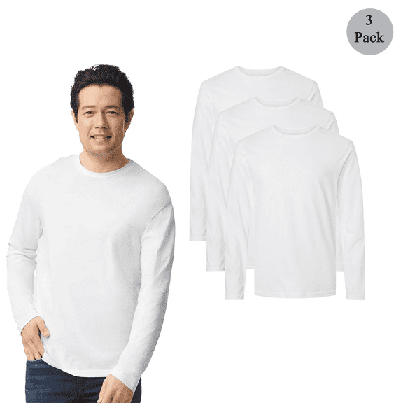 Gildan Men Softstyle Long Sleeve T-Shirt, White Color Pack of 3, Rib Collar Durable Casual Tee, S