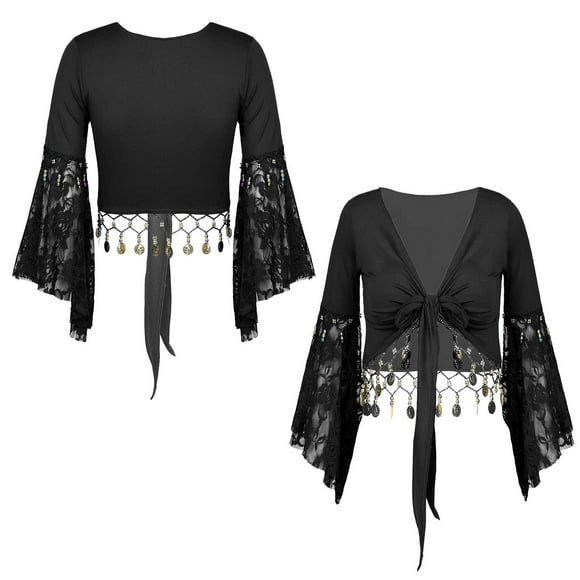 Jowowha Women's Flare Sleeve Tassel Shiny Lace-Up Shawl Crop Tops Belly Dance Shrug Cardigan Black XXL
