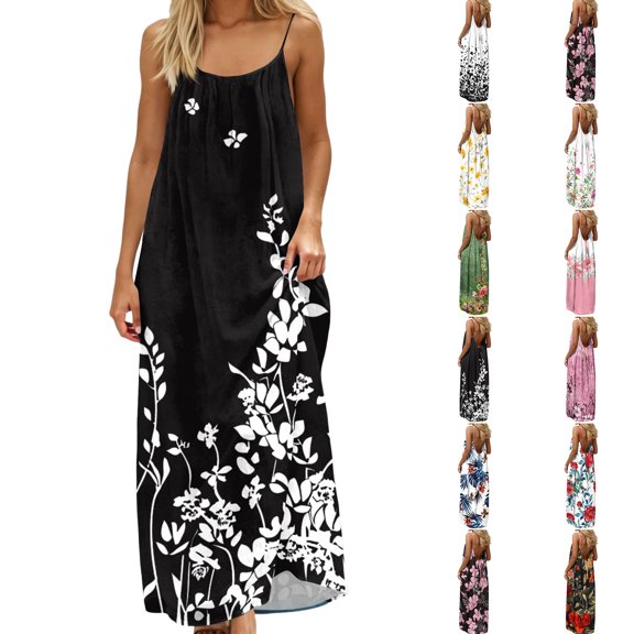 Smsaxvxz Summer Plus Size Dresses for Women Fashion Floral Printed Spaghetti Strap Round Neck Sleeveless Low Backless Sundress Casual Maxi Dresses Black 5XL