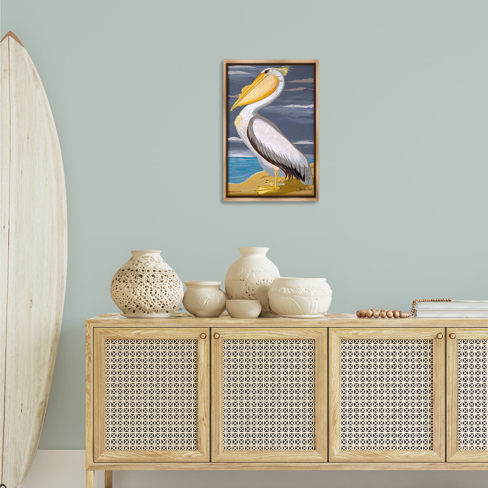 Stupell Industries White Pelican on Shore Animals & Insects Painting Brown Floater Framed Canvas Art Print Wall Art, 17 x 25