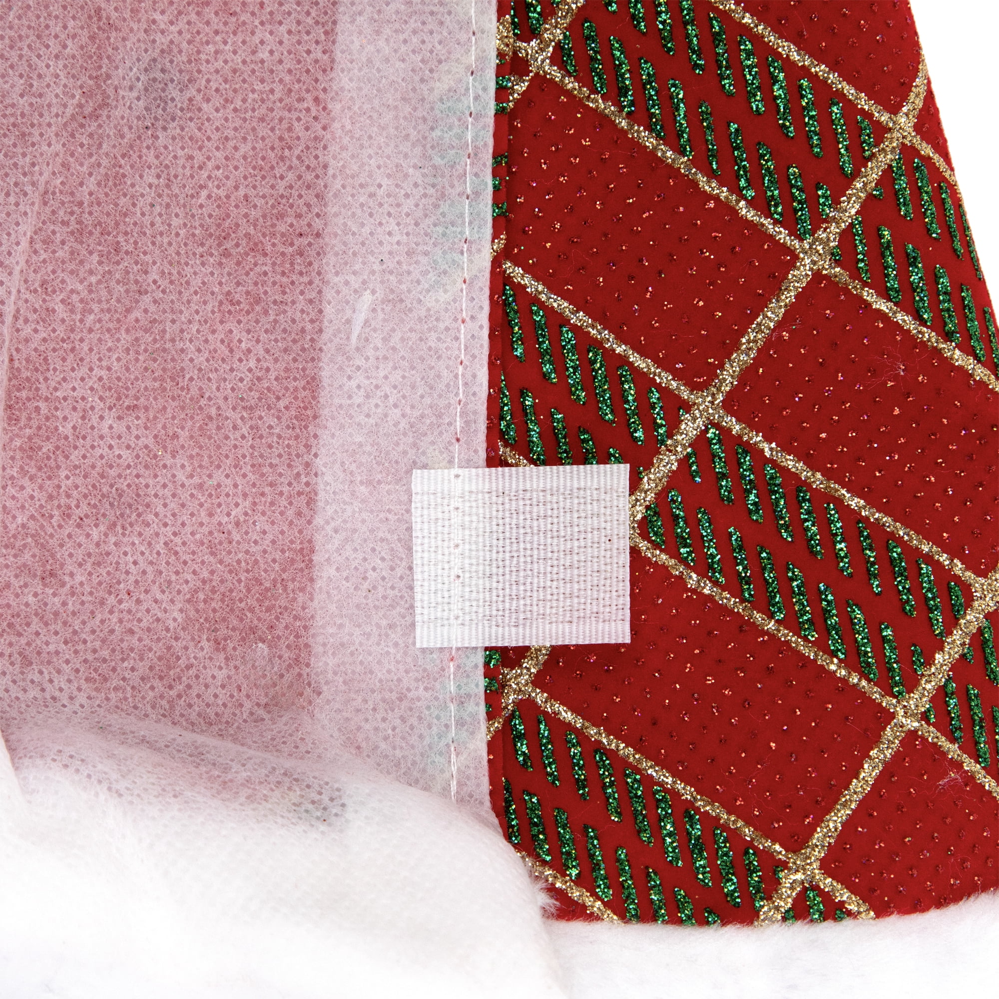 20" Glitter Red Green and Gold Plaid Mini Christmas Tree Skirt with White Faux Fur Border