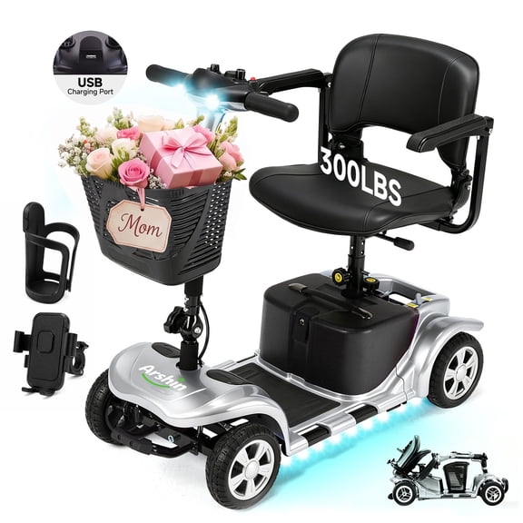 Arshin Mobility Scooter,4 Wheel Mobility Scooter for Adults,Senior,Electric Powered Wheelchair Chargeable Device for Travel,Silver