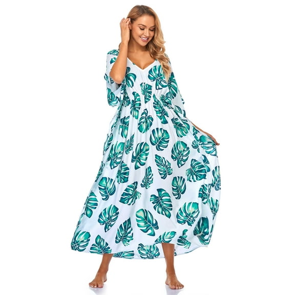 EDOLYNSA Bohemian Kaftan Leaf Printed Women's Long Dress Tunic Beach Dress Elegant Plus Size Beach Wear Swim Suit Cover Up