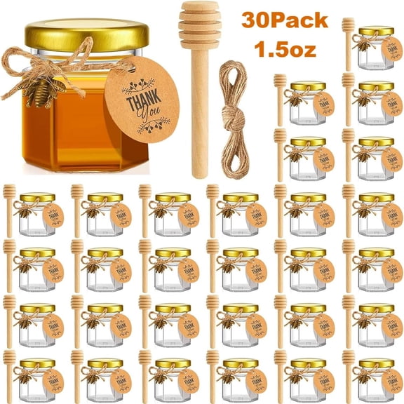 30 Pack Mini Glass Honey jars-1.5 oz，Mini Hexagon Glass Honey Jars with Wooden Dippers - Gold Lid, Bee Pendants, Rope & Ribbon Accents - Perfect for Wedding Favors, Party Favors, Dishwasher Safe