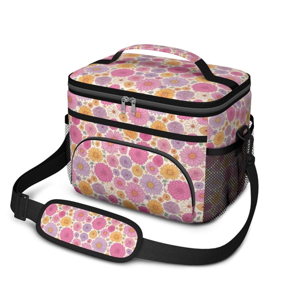 Lunch Box Pioneer Flower Floral Print Pattern Insulated Lunch Bag for Women Men,Medium Leakproof Lunchbox Cooler Bag Adjustable Strap,10 X 6.7 X 8 Inches