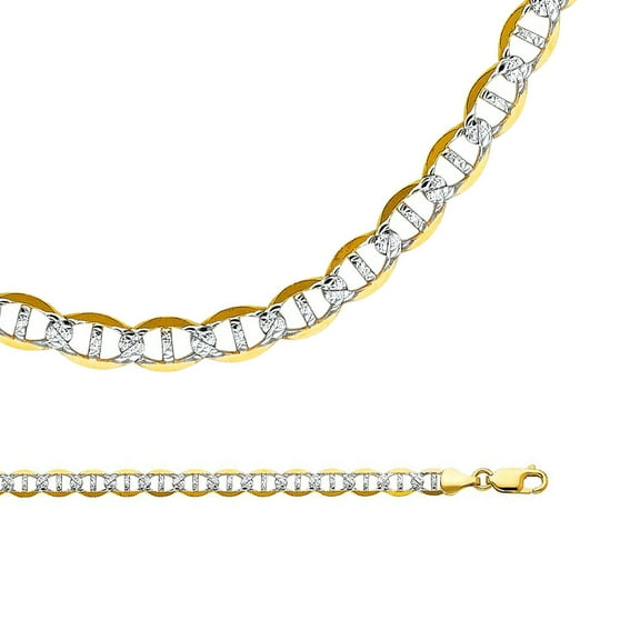 Mariner Necklace Solid 14k Yellow White Gold Anchor Chain Pave Flat Link Two Tone Big, 6.5 mm - 20,22,24,26 inch