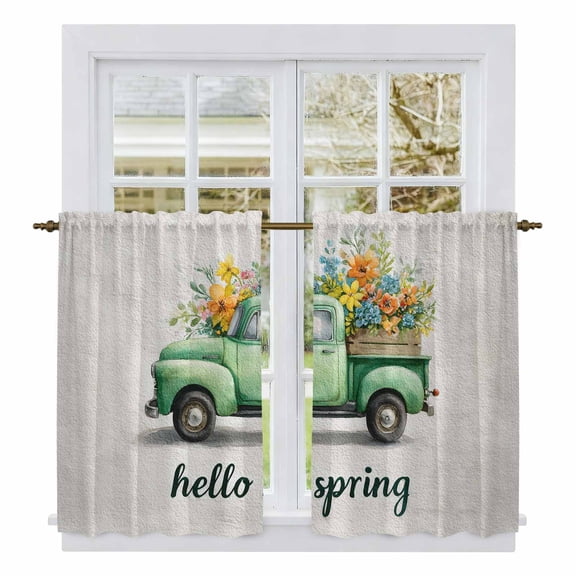 Hello Spring Kitchen Curtain for Berdoom Living Room Cafe 45 Inch Length, Easter Flowers Green Truck Vintage Floral Grey Tiers Curtains Light Filtering Drapes Window Treatment 2 Panels 52"Wx45"L