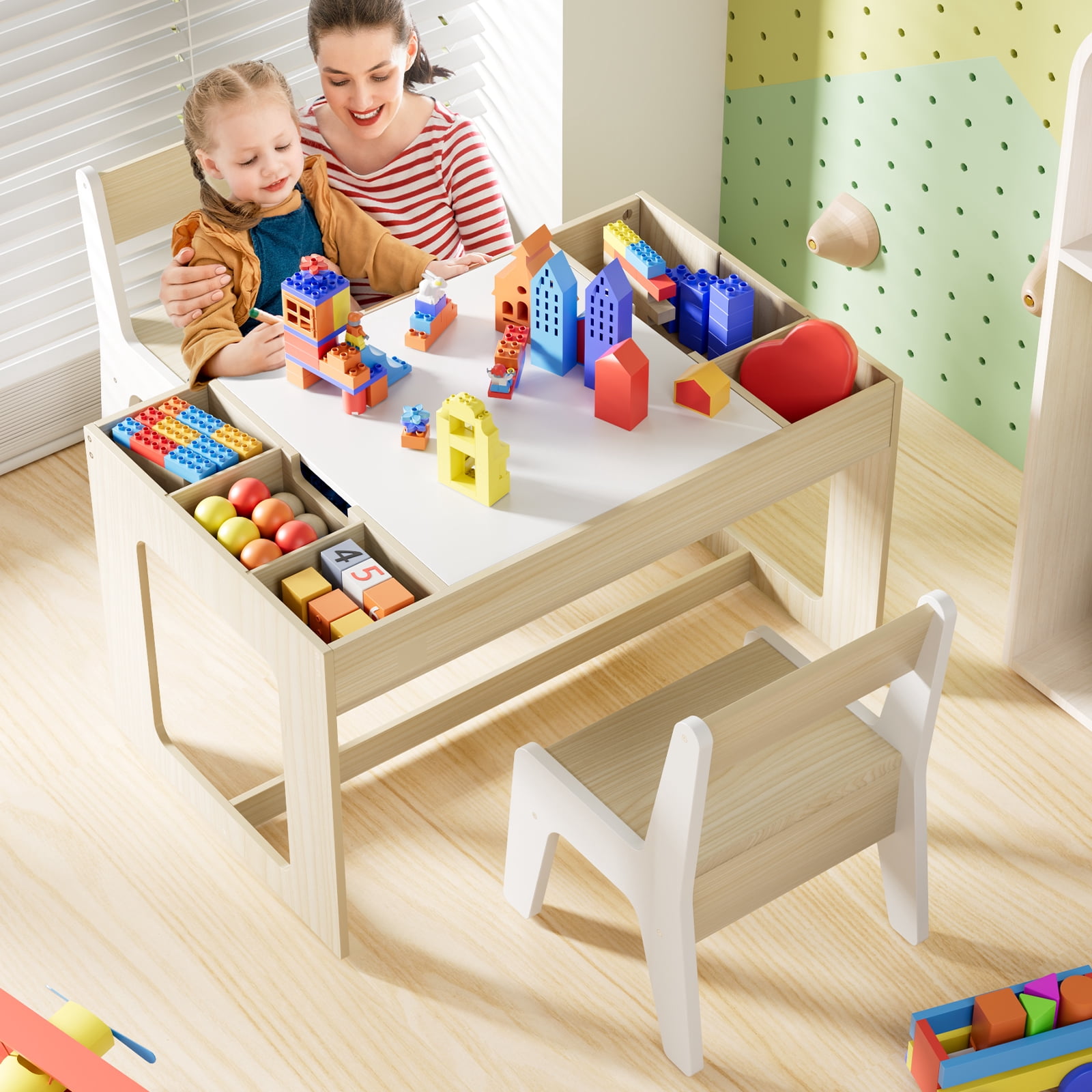 Arlopu Kids Table and Chair Set with Blackboard and Storage Space for Drawing, Reading, Build Blocks