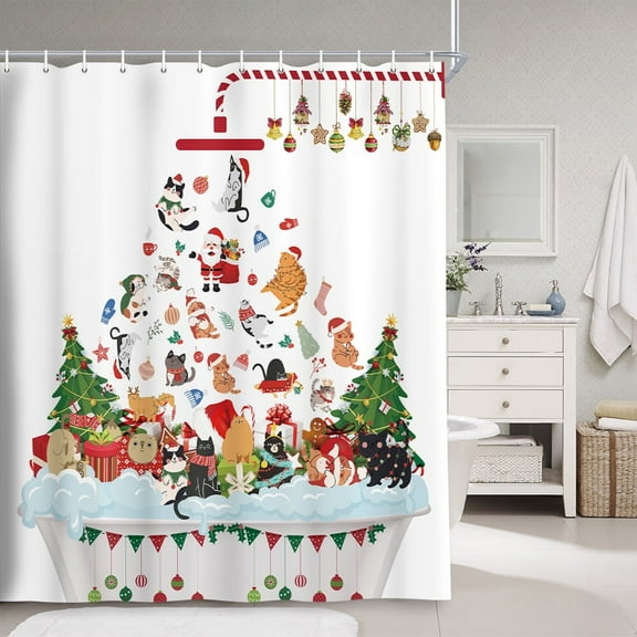 Christmas Cat Shower Curtains Farmhouse Funny Santa ClausWinter Xmas Animals Restroom Curtain Red Green Rustic Bath Bathroom Classical Ornaments Pine Tree Fabric Shower Curtain Set 12 Hooks, 72X72in