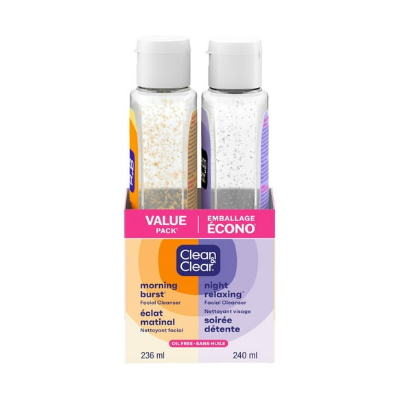 Ensemble duo composé des nettoyants quotidiens jour et nuit pour le visage Clean & Clear, sans huile, vitamine C, BHA, acide hyaluronique, non comédogène 236 mL, 240 mL