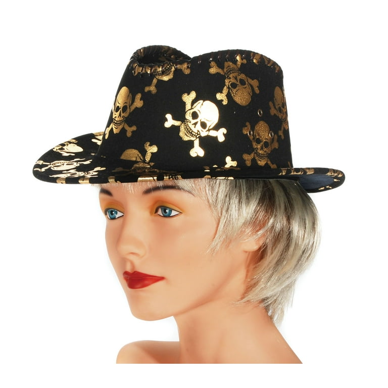 Loftus Skull Crossbones Trilby Fedora Costume Hat, Black Gold