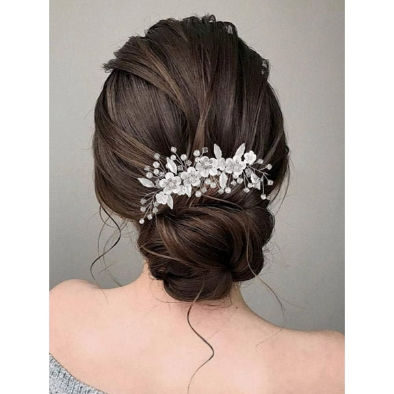 Bride Flower Wedding Hair Vine Pearl Hair Piece Silver Rhinestone Headpiece Bridal Hair Accessories for Women HV172 (1 Silver)