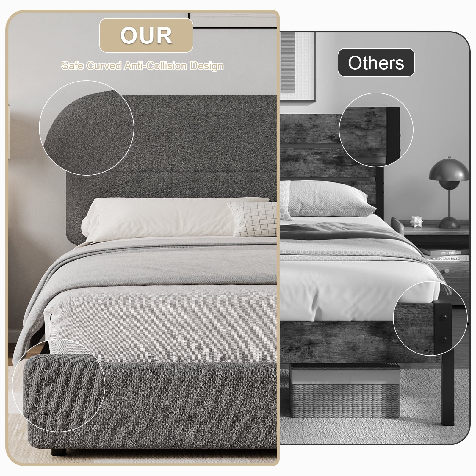 4 EVER WINNER Queen Bed Frame with Headboard, Boucle Upholstered Platform Bed Frame wiith Rounded Corner, Soft Cloud Bed Frame, No Box Spring Needed, Gray
