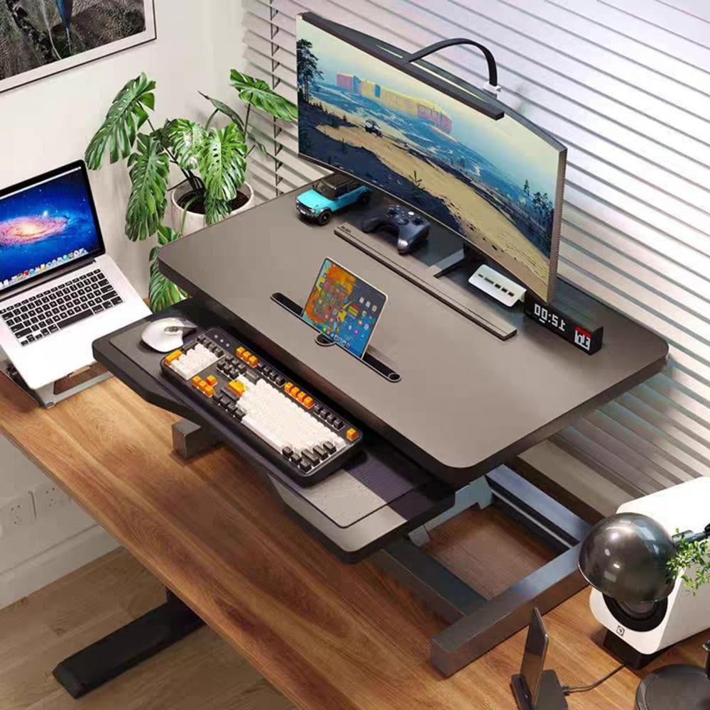Adjustable Standing Desk Converter, Height Adjustable Desk Riser, Manual Pneumatic Spring Laptop Workstation with Keyboard Tray for Home, School(Black)