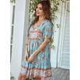 thumbnail image 4 of Women Casual- Summer Dress Boho V Neck Short Sleeve Babydoll Floral Print Flowy Beach Dress Blue S, 4 of 8