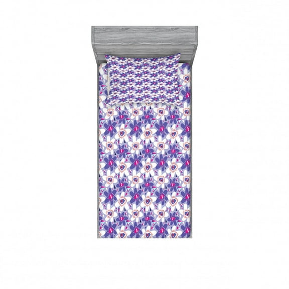Floral Bedding Set with Sheet & Covers, Lilac Pattern with Blooming Cartoon Petals Geometric Shapes Abstract Illustration, Printed Bedroom Decor 2 Shams, 4 Sizes, Multicolor, by Ambesonne