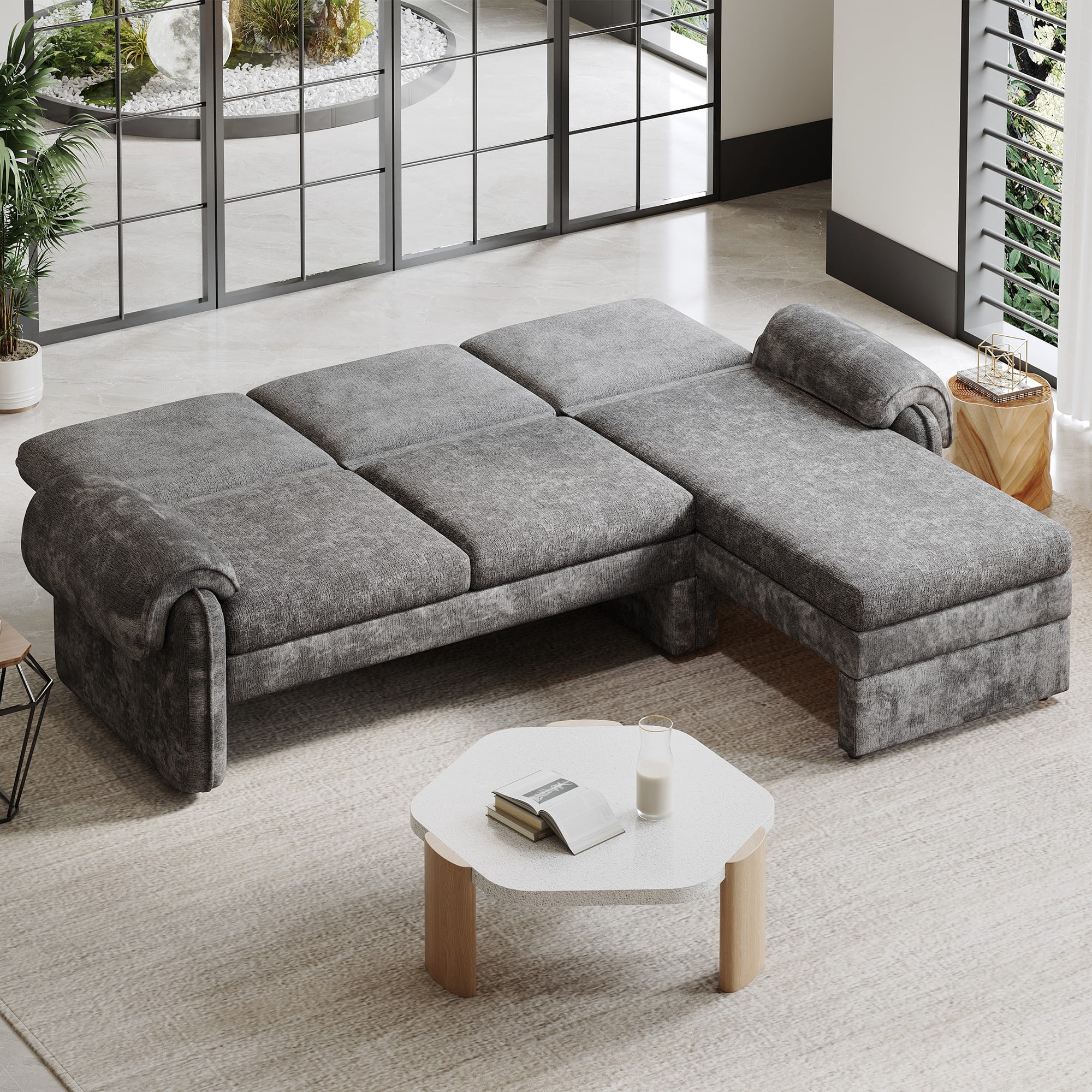 94.1" Convertible Futon Sofa Bed,Futon Sofa Couch with Adjustable Backrest,Reversible Chaise Lounge and Two Removable Armrest Pillows for Living Room,Gray
