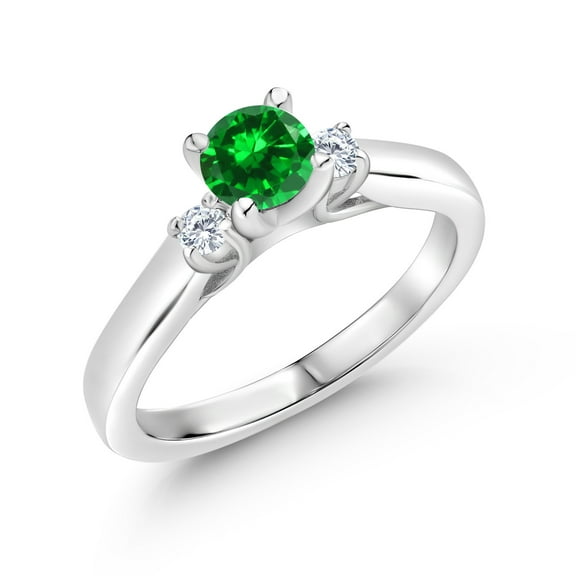 Gem Stone King 925 Sterling Silver Green Created Emerald and White Lab Grown Diamond 3-Stone Engagement Ring for Women (0.97 Cttw, Gemstone May Birthstone, Size 5)