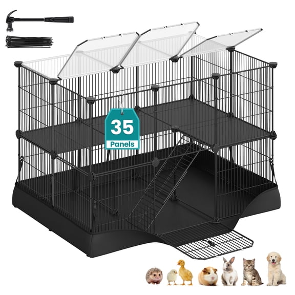 SONGMICS 2-Tier Guinea Pig Cage, Rabbit Cage, Small Animal Playpen with Waterproof Mat, Top and Side Door, 35 Panels, Ink Black