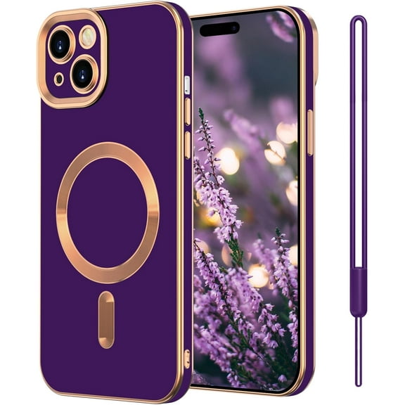 ZUKKASHAN iPhone 15 Case iPhone 15 Phone Cases Compatible with MagSafe and Magnetic Car Mount Slim Bling Plating Bumper Soft TPU Shockproof Protective Cover with Lanyard