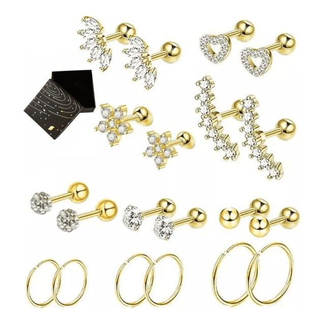 10 Pares Piercing Aretes Oreja Cartílago Acero Inoxidable Xtellar dorado
