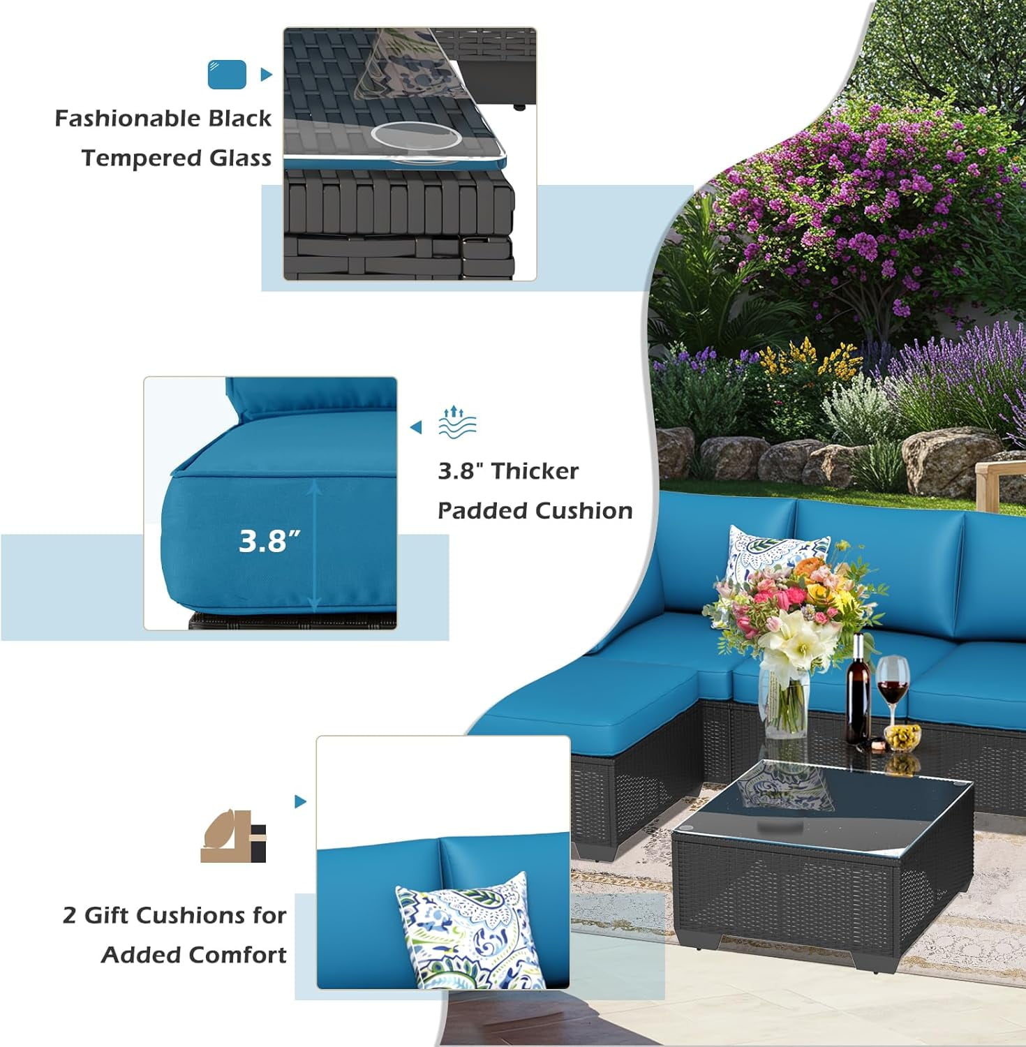 YODOLLA 7-Piece Patio Furniture w/ Protection Cover, Outdoor Sectional Sofa Couch w/ Coffee Table, Patio Conversation Set in Black Wicker& Blue Cushions