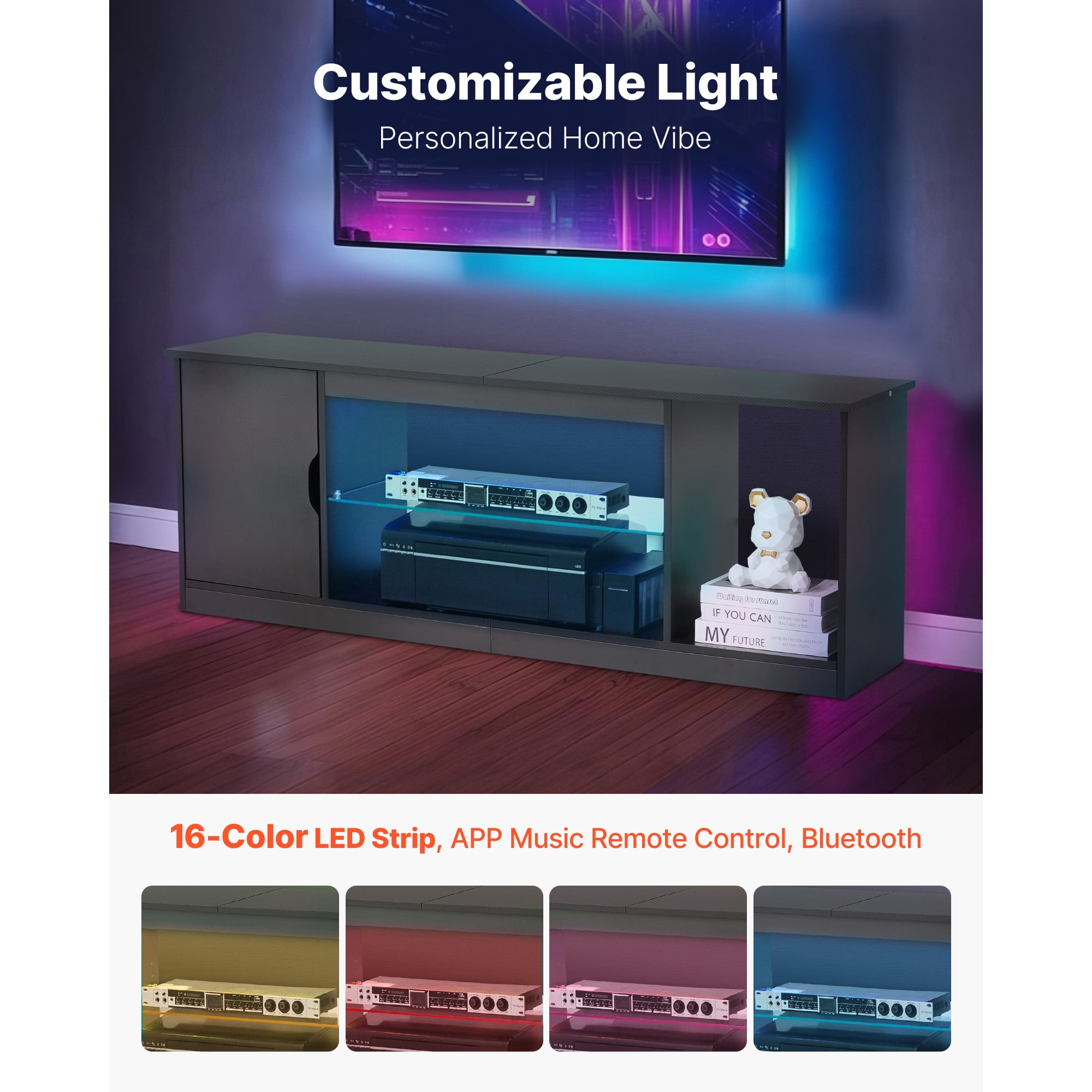 KFFKFF TV Stand for TVs up to 65 inches, Entertainment Center with LED Light Strip & 5 Level Adjustable Glass Shelves, Console Table for Living Room or Bedroom