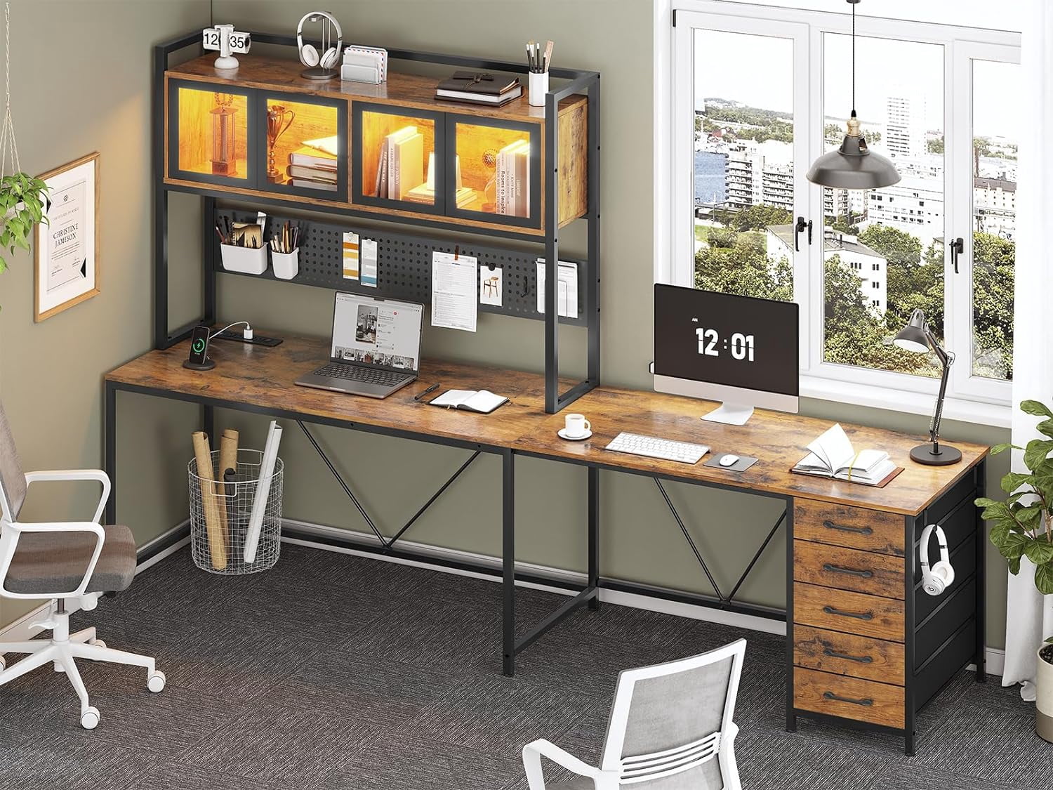 L Shaped Gaming Desk with Drawers, L Shaped Computer Desk with Hutch and Storage Shelves, Gaming Desk with Pegboard, Led Lights, and Power Outlet, Home Office Desk, Corner Desk, Rustic Brown
