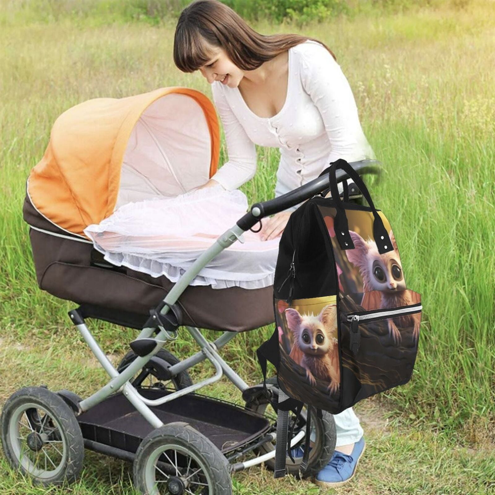 Fuzoiu Adorable Fluffy Bat Print Diaper Bag Backpack,Baby Essentials Travel Tote,Multi function Waterproof Diaper Bag, Travel Essentials Baby Bag - Unisex