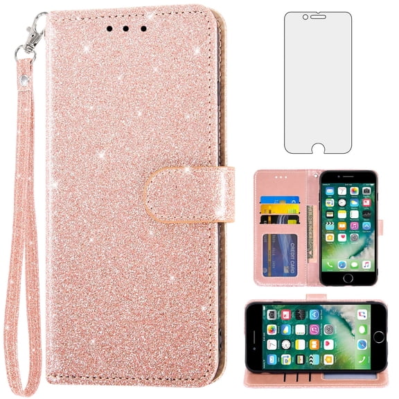 Compatible with iPhone 7plus 8plus 7/8 Plus Wallet Phone Case and Tempered Glass Screen Protector Flip Credit Card Holder Stand Bling Glitter Cell Cover for i Phone7s 7 8s 8 Phone7p 8p Women Pink