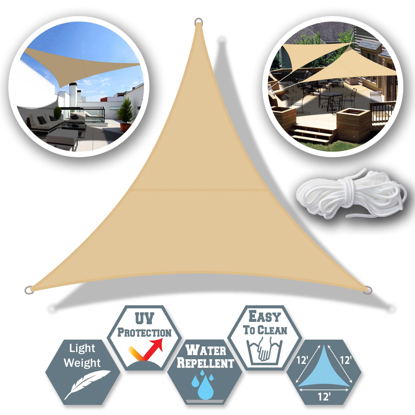 Sunrise Outdoor Sun Shade Sail 12'x12'x12' Triangle UV Top Cover Canopy - Beige