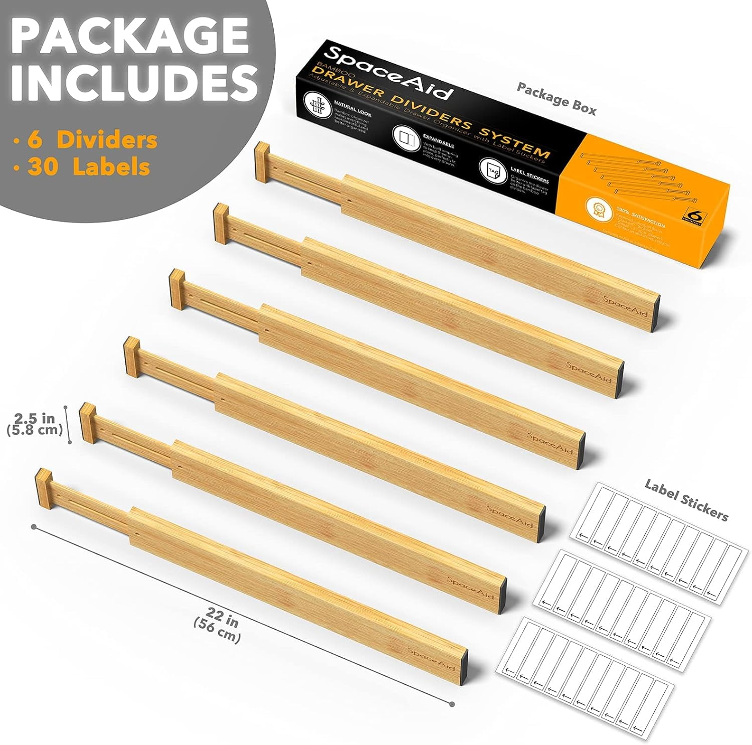 SpaceAid Bamboo Drawer Dividers with Labels, Kitchen Adjustable Drawer Organizers,6 Dividers (17-22 in)