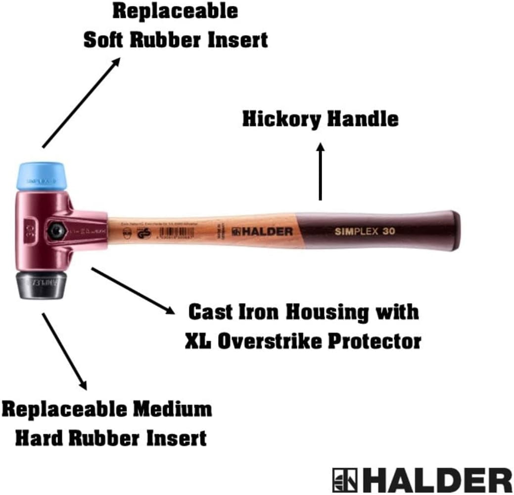 Halder Simplex Mallet with Soft Blue Rubber/Black Rubber Inserts and Cast Iron Housing, 1.18" / 11.99 oz.