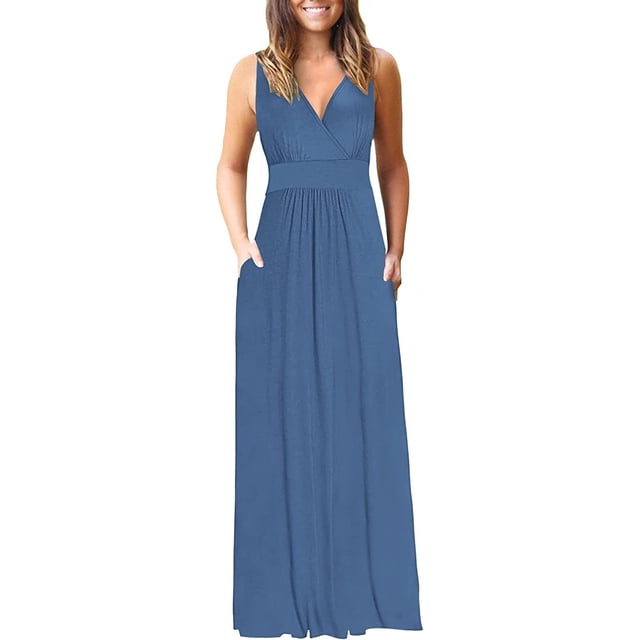 Vestido largo suelto sin mangas de verano para mujer Vestido largo casual con bolsillos Xemadio FSHY034-79