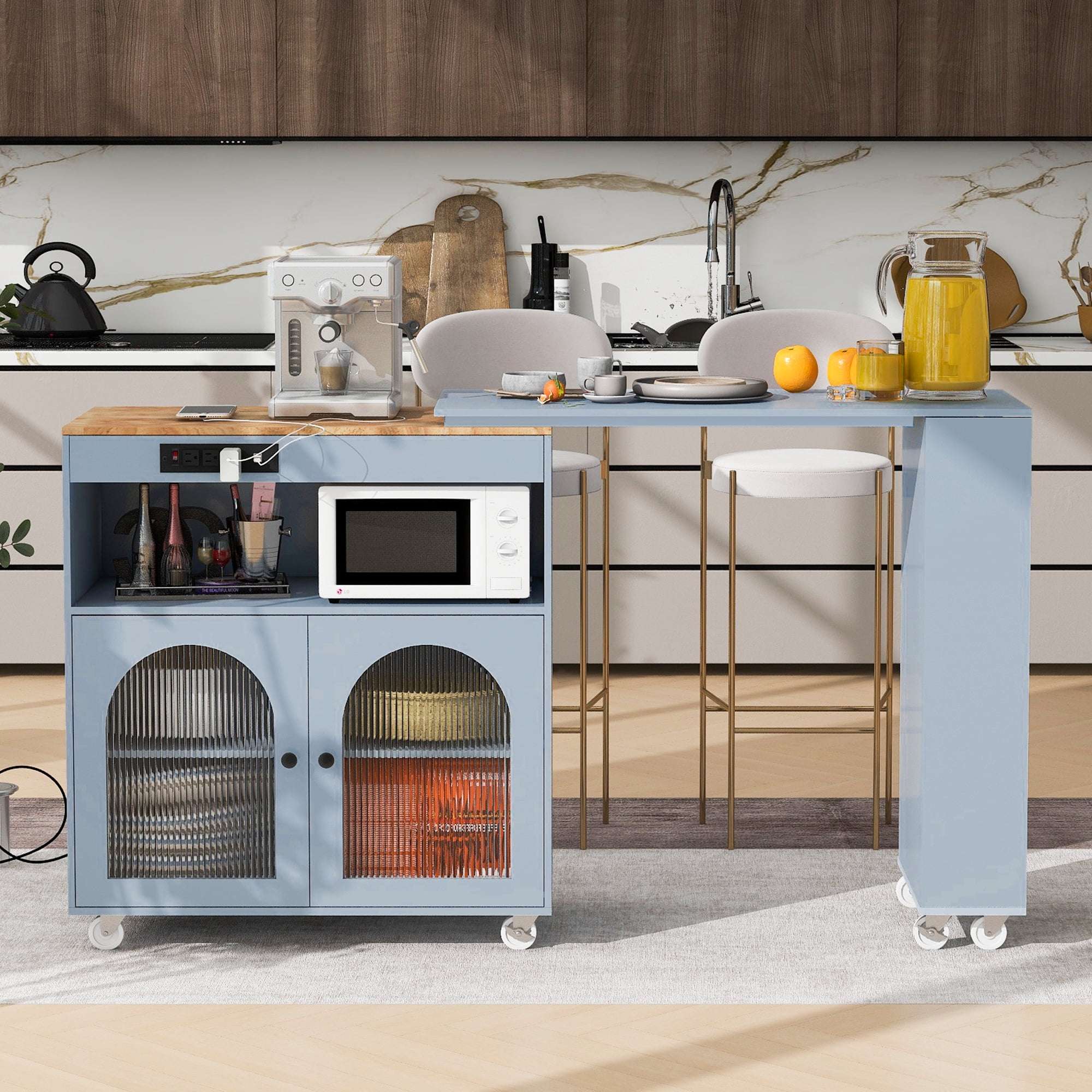White Kitchen Island with Movable Dining Table, LED Lights, Power Outlets, 2 Ribbed Glass Doors, Storage Compartments & 3 Open Side Shelves, Modern Kitchen Island with Storage for Dining Room