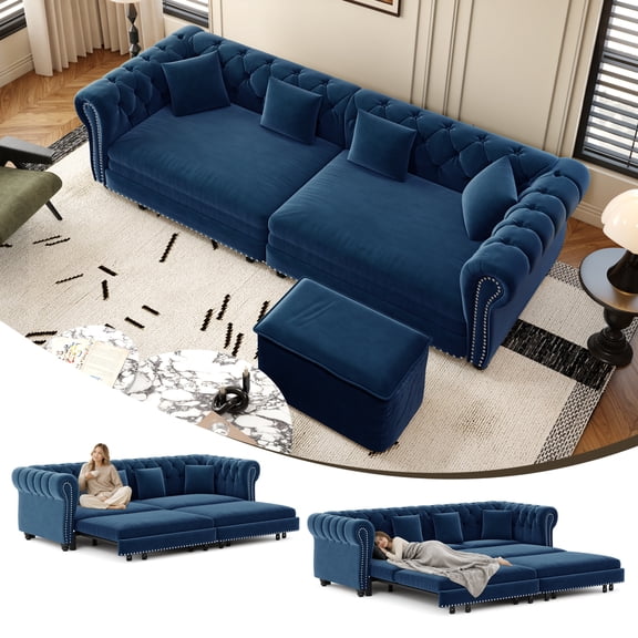 Chesterfield Sofa,89 " W 3-In-1 Pull-Out Sofa Bed, Convertible Sleeper Sofa Bed,King Size Sofa Bed, Chaise Lounge,Velvet 3-Seater Sofa With Movable Ottoman, Blue(Old Sku:W1885S00443/W1885S00175)