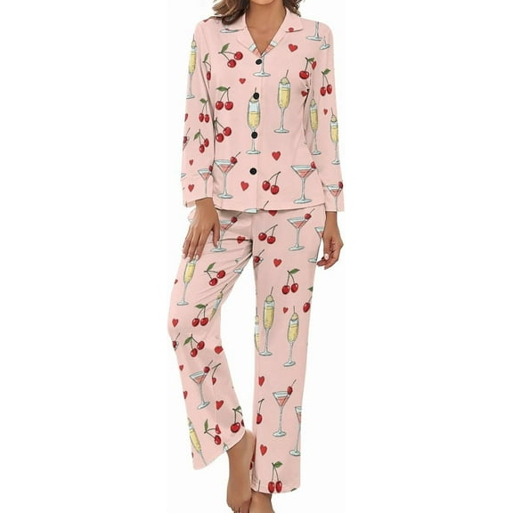 Top-kevin Pajama Sets for Womens Champagne Bottles Glasses Splashes Loose Button Down Long Sleeve Shirts And Pants Set