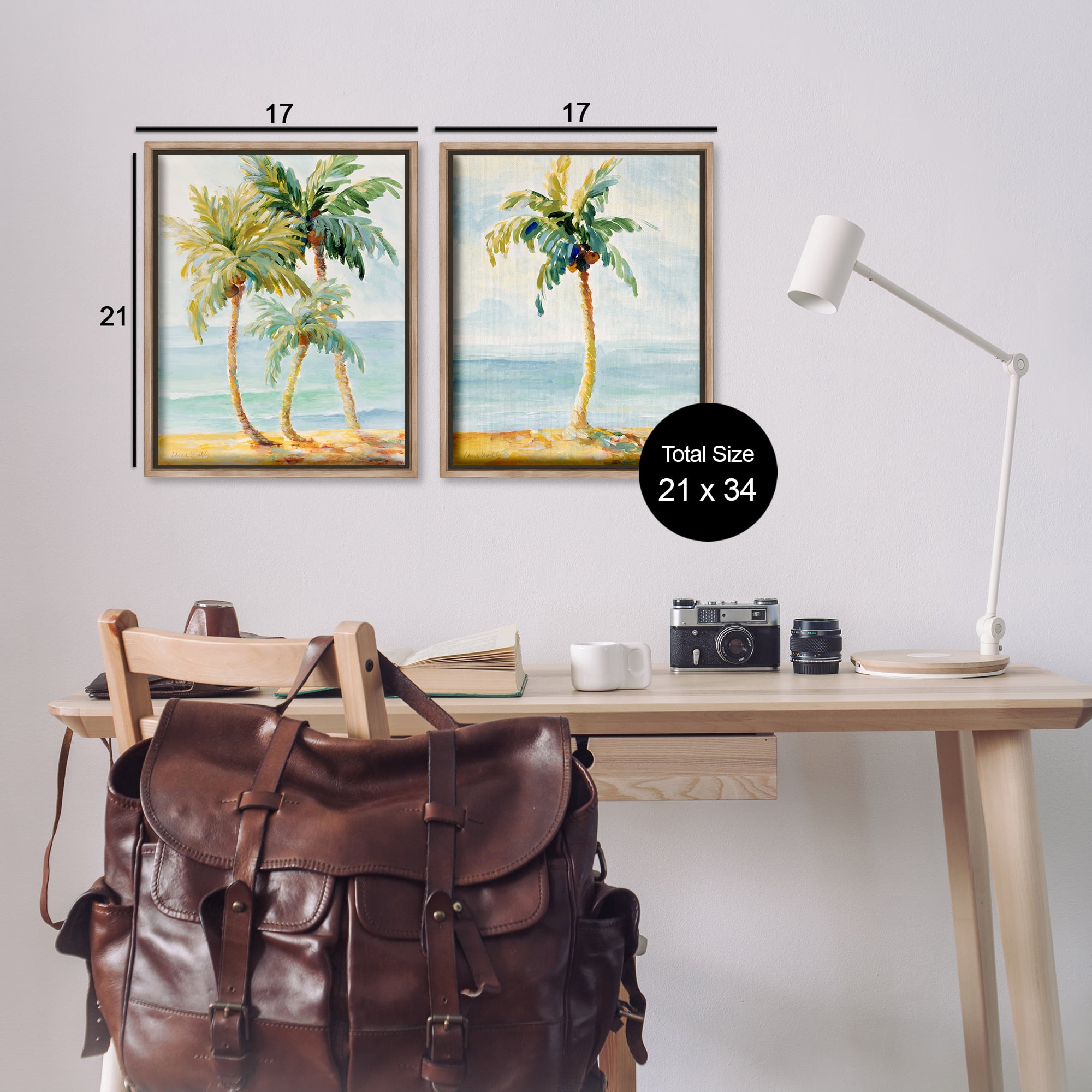 Stupell Industries Tropical Palms Calm Ocean Landscape & Nature Painting Brown Floater Framed Canvas Art Print Wall Art, 17 x 21, Set of 2
