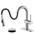 thumbnail image 1 of KENES Robinet de Salle de Bain en Nickel Brossé avec Pulvérisateur Rétractable, Robinet de Lavabo de Salle de Bain à Poignée Unique avec Pulvérisateur Rétractable, Robinet de Coiffeuse avec Drain Pop-Up, 1 of 9