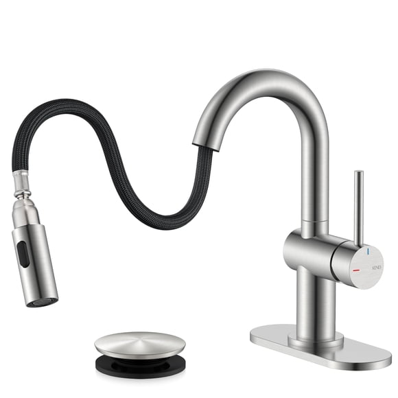 KENES Brushed Nickel Bathroom Faucet with Pull Down Sprayer, Single Handle Bathroom Sink Faucet with Pull Out Sprayer, Vanity Faucet with Pop Up Drai