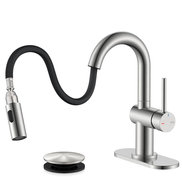 KENES Robinet de Salle de Bain en Nickel Brossé avec Pulvérisateur Rétractable, Robinet de Lavabo de Salle de Bain à Poignée Unique avec Pulvérisateur Rétractable, Robinet de Coiffeuse avec Drain Pop-Up
