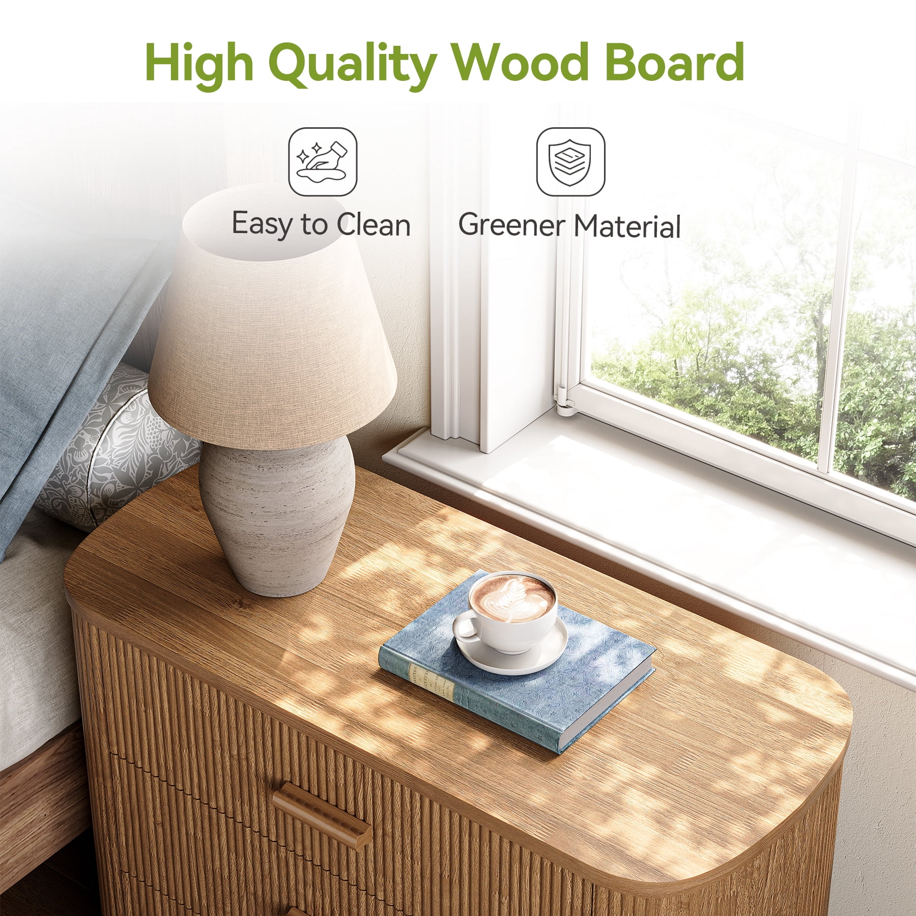 Finmind 31.5" Wide Fluted Nightstands, Oversized 3-Drawer Night Stand, Large Bedside End Table for Bedroom, Living Room