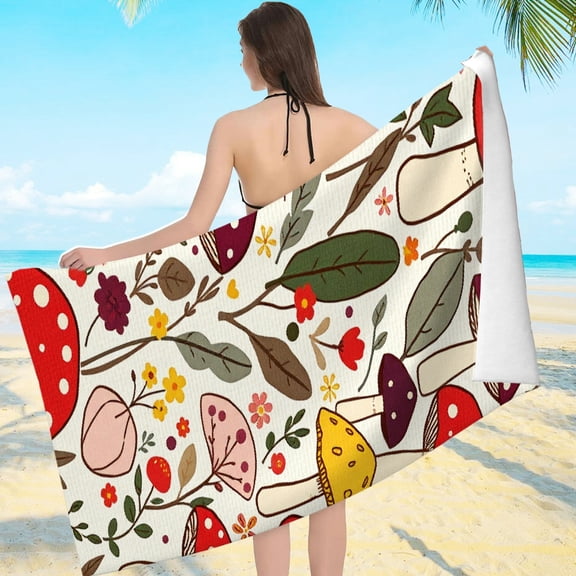 RKSupls Cute Mushroom Floral Microfiber Beach Towel, Extra Large Quick Dry Lightweight Towel for Travel Swimming Camping, Soft Super Absorbent- 55.1x27.6in