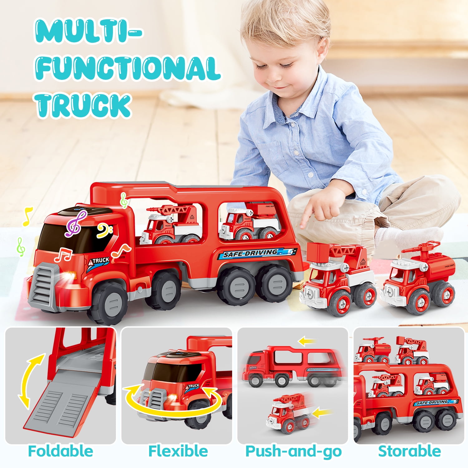 WonderStone 5-in-1 Fire Truck Toy with Light & Sound, Push Cars for Boys Kids 1-8 Birthday Gift