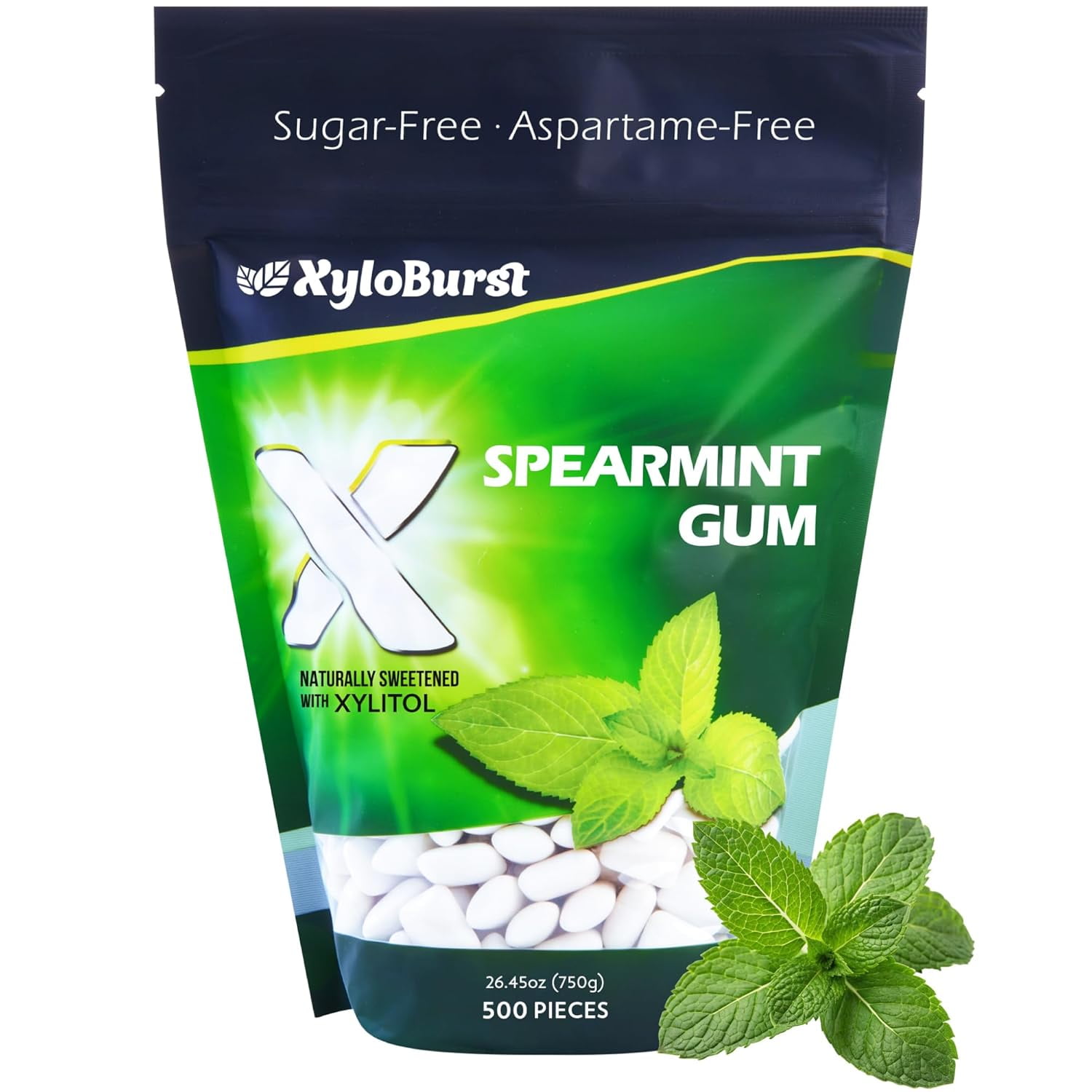 XyloBurst Gum | Xylitol Chewing Gum | Sugar Free Gluten-Free Keto Friendly | Aspartame Free Gum For Oral Health | Spearmint | 500-Count Bag