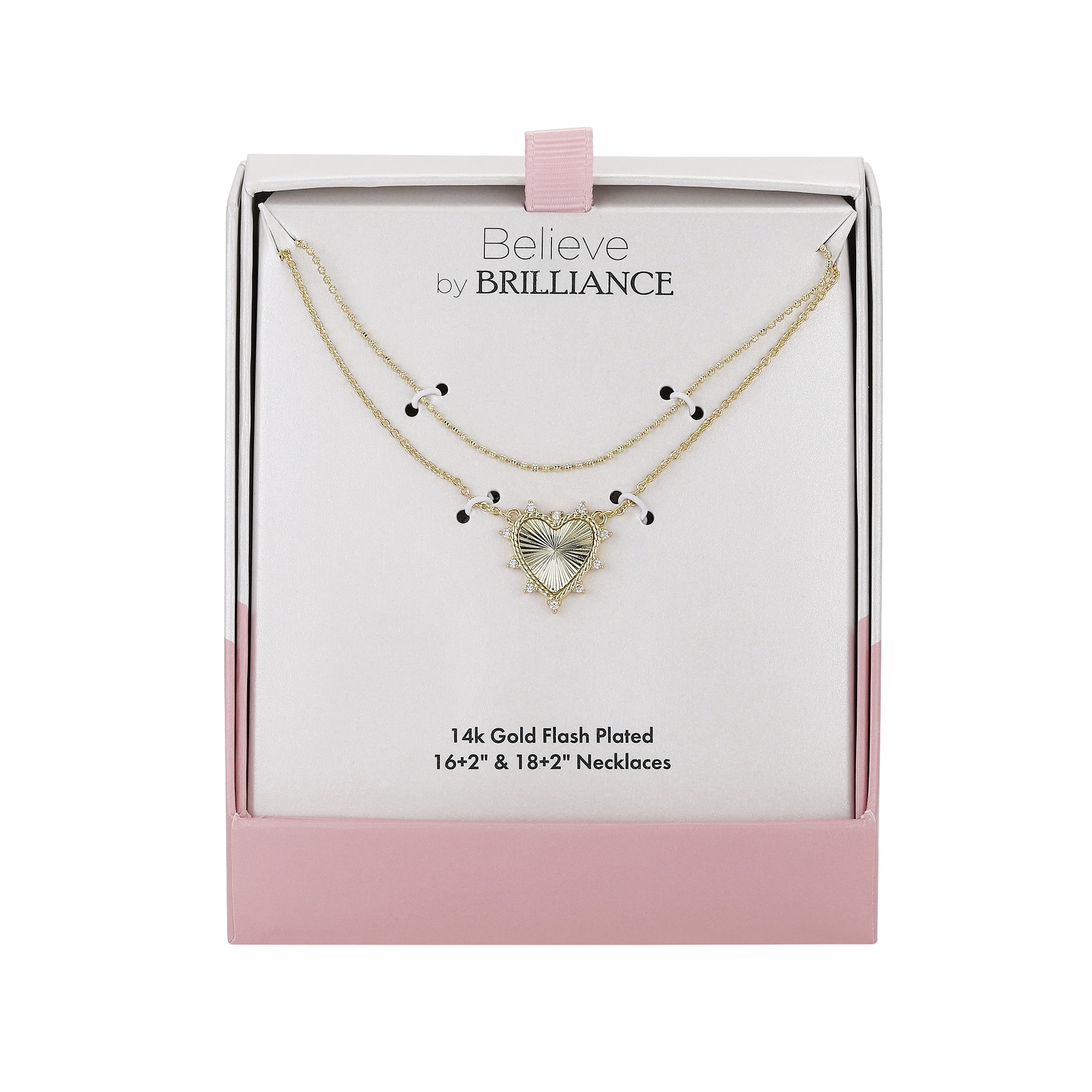 Believe by Brilliance Women's Cubic Zirconia Heart Layered Necklace Set, 16+2"/18+2"
